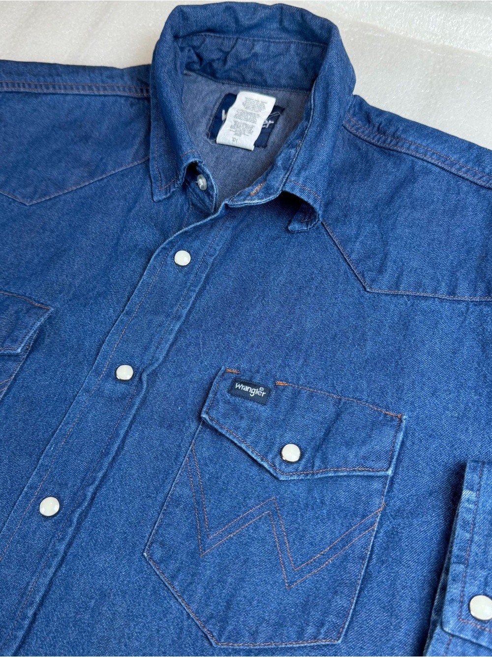 Wrangler 70127MW Blue Denim Long Sleeve Pearl Snap Shirt Men's Size 16.5 34